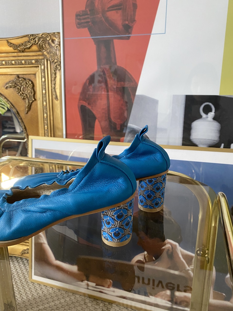 la-shirring heel-aqua blue jacquard heel